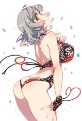 Rule 34 | 1girl, ahoge, ass, bikini, black bikini, blush, breasts, brown eyes, butt crack, curly hair, grey hair, highres, kusanagi tonbo, large breasts, looking back, nipples, open mouth, petals, short hair, simple background, smile, solo, swimsuit, white background, wrist cuffs