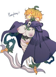 Rule 34 | 1girl, bandages, breasts, cape, character name, colored skin, female pubic hair, full body, glowing, glowing eyes, glowing mouth, grey skin, highres, large breasts, monster girl, multiple heads, nipples, nyong nyong, open mouth, orange eyes, orange hair, personification, plant, pubic hair, pumpking (terraria), purple cape, scythe, sharp teeth, short hair, skull, teeth, terraria, vines, white background