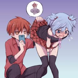 Rule 34 | 10s, 2boys, akabane karma, ansatsu kyoushitsu, bad id, bad pixiv id, bare shoulders, bent over, blue eyes, blue hair, blush, cellphone, clothes lift, crossdressing, embarrassed, flying sweatdrops, gradient background, hair ribbon, implied pantyshot, jitome, knees together feet apart, kyyashi, lifting another&#039;s clothes, male focus, multiple boys, no panties, open mouth, orange eyes, phone, red hair, ribbon, shiota nagisa, short hair, short twintails, skirt, skirt lift, skirt tug, smartphone, speech bubble, spoken object, squatting, tears, thighhighs, trap, twintails, wavy mouth