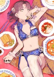Rule 34 | 1girl, bad id, bad pixiv id, black nails, black panties, blue skirt, breasts, brown hair, buchi (qooo003), collarbone, commentary request, crop top, ear piercing, earrings, facial mark, fingernails, food, forehead mark, hair ornament, hand up, highres, jewelry, knee up, long hair, lying, midriff, nail polish, navel, on back, original, panties, parted bangs, piercing, plate, skirt, sleeveless, small breasts, solo, thighhighs, underwear, white thighhighs, wrist cuffs, yellow eyes
