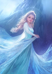 Rule 34 | 1girl, alternate hairstyle, backlighting, blonde hair, blue dress, blue eyes, castle, clothes grab, dainegikun, dress, dutch angle, elsa (frozen), from below, frozen (disney), glitter, lips, lipstick, long hair, long sleeves, looking at viewer, low-tied long hair, makeup, md5 mismatch, mrscallion, parted lips, platinum blonde hair, red lips, sequins, smile, snowflakes, solo, sunlight