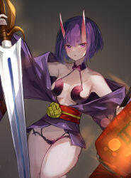 Rule 34 | 1girl, bob cut, breasts, eyeliner, fate/grand order, fate (series), headpiece, highres, horns, japanese clothes, kimono, looking at viewer, makeup, medium breasts, oni, purple kimono, short hair, shuten douji (fate), skin-covered horns, solo, thighs, ura illust