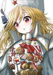 Rule 34 | 1girl, :o, blonde hair, blush, commentary request, fur hat, girls&#039; frontline, hair between eyes, hammer and sickle, hat, highres, jacket, jacket on shoulders, long hair, medal, nagant revolver (girls&#039; frontline), parted lips, red eyes, red star, shirt, simple background, solo, star (symbol), take (trude1945oneetyan), upper body, ushanka, white background, white hat, white jacket, white shirt
