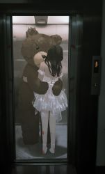 Rule 34 | 1girl, absurdres, bare shoulders, black hair, blood, blood on leg, dress, elevator, from behind, full body, highres, hug, long hair, no shoes, off-shoulder dress, off shoulder, original, oversized object, solo, standing, stuffed animal, stuffed toy, teddy bear, thighhighs, tuoer, white dress, white thighhighs