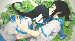 2girls black_hair blue_sailor_collar blue_skirt chromatic_aberration commentary cuddling hand_on_another&#039;s_back hibike!_euphonium highres kasaki_nozomi kataru_(ubw-emiya) kitauji_high_school_uniform liz_to_aoi_tori long_hair lying multiple_girls on_side ponytail sailor_collar school_uniform serafuku shirt short_sleeves skirt sleeping white_shirt yoroizuka_mizore yuri