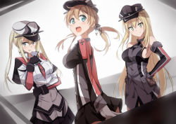 Rule 34 | 10s, 3girls, bismarck (kancolle), blonde hair, blue eyes, breasts, gloves, graf zeppelin (kancolle), hand on own hip, hat, impossible clothes, kantai collection, large breasts, long hair, multiple girls, peaked cap, prinz eugen (kancolle), smile, tomato (lsj44867), twintails, uniform