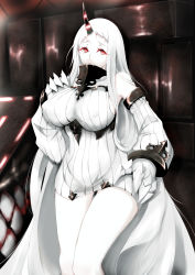 Rule 34 | 10s, 1girl, absurdly long hair, abyssal ship, breasts, claws, dress, covered erect nipples, highres, horns, kantai collection, large breasts, long hair, mi ti, pale skin, red eyes, ribbed dress, seaport princess, short dress, single horn, solo, very long hair, white hair