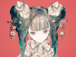 Rule 34 | 1girl, brown eyes, closed mouth, double bun, earrings, flower, hair flower, hair ornament, hairpin, jewelry, looking at viewer, original, portrait, red background, simple background, solo, twintails, yogisya