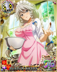 Rule 34 | 1girl, apron, blue bow, bow, bowl, braid, breasts, card (medium), chess piece, chocolate, chocolate on hand, female focus, food on hand, grayfia lucifuge, grey eyes, grey hair, hair bow, high school dxd, holding, holding bowl, large breasts, long hair, looking at viewer, maid headdress, matching hair/eyes, mature female, mixing bowl, official art, queen (chess), solo, standing, twin braids, window