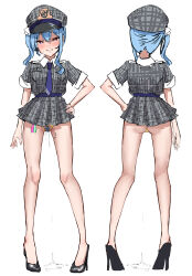 Rule 34 | 1girl, absurdres, ass, back, black footwear, blue eyes, blue hair, blush, condom, condom belt, crotch cutout, female pubic hair, grin, hand on own hip, hat, heart, heart-shaped pupils, high heels, highres, hime apple, hololive, hoshimachi suisei, hoshimachi suisei (1st costume), looking at viewer, multiple views, pubic hair, pussy juice, side ponytail, skirt, smile, symbol-shaped pupils, twitter username, used condom, virtual youtuber