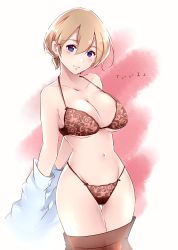 Rule 34 | 1girl, babydoll, blush, bra, breasts, cleavage, closed mouth, clothes pull, collarbone, commentary request, cowboy shot, earrings, floral print, gluteal fold, groin, hair tie, head tilt, highleg, highleg panties, highres, jewelry, kozakura shiori, large breasts, light blush, light brown hair, light smile, lips, looking at viewer, navel, off shoulder, original, panties, partial commentary, pink babydoll, pink bra, pink panties, print bra, print panties, purple eyes, shi-2, shiori no uso wa yo no makoto, shirt, shirt pull, short hair, short ponytail, skirt, skirt pull, solo, standing, string panties, thigh gap, thighs, translated, underwear, underwear only, white shirt