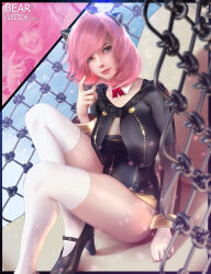 Rule 34 | 1girl, absurdres, aged up, anya (spy x family), bearwitch, black dress, black footwear, breasts, closed mouth, collar, detached collar, dress, green eyes, hairpods, high heels, highres, large breasts, long sleeves, looking at viewer, nail polish, pink hair, pink nails, short hair, smile, solo, spy x family, thighhighs, white collar, white thighhighs