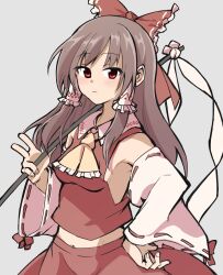 Rule 34 | 1girl, :&lt;, ascot, bow, brown hair, closed mouth, detached sleeves, gohei, grey background, hair bow, hakurei reimu, hand on own hip, holding, long hair, looking at viewer, navel, red bow, red eyes, red shirt, ribbon-trimmed sleeves, ribbon trim, shide, shinmon akika, shirt, sidelocks, simple background, solo, touhou, upper body, wide sleeves, yellow ascot
