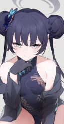 Rule 34 | 1girl, absurdres, bare shoulders, black dress, black gloves, black hair, blue archive, blush, braid, braided bun, breasts, butterfly hair ornament, china dress, chinese clothes, coat, double bun, dragon print, dress, gloves, grey coat, grey eyes, hair bun, hair ornament, half gloves, halo, highres, jjjsss, kisaki (blue archive), long hair, long sleeves, looking at viewer, off shoulder, pelvic curtain, pinstripe pattern, short dress, side slit, small breasts, solo, striped, striped coat, thighs, twintails, variant set, vertical-striped coat