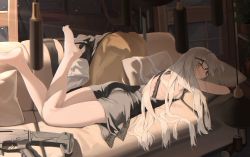 Rule 34 | 1girl, absurdres, ak-alfa (girls&#039; frontline), ass, barefoot, black-framed eyewear, black dress, blanket, can, ceiling light, chair, closed mouth, couch, crooked eyewear, cushion, dress, girls&#039; frontline, glasses, gun, highres, indoors, long hair, looking at viewer, lying, on stomach, plant, potted plant, rui (rei leyi), solo, weapon, white hair