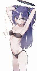 Rule 34 | 1girl, armpits, arms up, bandeau, bikini, black bikini, blue archive, blue eyes, blush, breasts, epi zero, halo, hands in hair, looking at viewer, navel, purple hair, simple background, small breasts, solo, sweatdrop, swimsuit, translation request, two side up, white background, yuuka (blue archive)