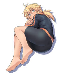 Rule 34 | 1girl, antenna hair, ass, barefoot, bike shorts, black jacket, black shorts, blonde hair, commentary request, covered mouth, full body, green eyes, hair between eyes, highres, jacket, koshirae tsurugi (m.m), long hair, looking at viewer, low ponytail, lying, m.m, on side, original, ponytail, shadow, short shorts, shorts, simple background, soles, solo, track jacket, white background