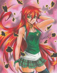 Rule 34 | 1girl, 2020, bare shoulders, bracelet, breasts, cleavage, green eyes, green skirt, hair between eyes, hand on own head, highres, hiryan redflame (ravernclouk design), jewelry, long hair, medium breasts, necklace, original, ravernclouk design, red hair, skirt, solo, thick thighs, thighs, traditional media