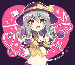 Rule 34 | 1girl, ascot, bare shoulders, battery, black hat, bow, commentary, green eyes, green hair, hat, hat bow, heart, heart-shaped pupils, heart of string, highres, komeiji koishi, looking at viewer, medium hair, midriff, navel, open mouth, outline, purple nails, solo, subaru (subachoco), symbol-only commentary, symbol-shaped pupils, third eye, touhou, upper body, white outline, wrist cuffs, yellow ascot, yellow bow