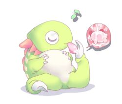 Rule 34 | 2others, big belly, chameleo arm, closed eyes, colored skin, green skin, hands on own stomach, kirby, kirby (series), kirby super star, licking, multiple others, musical note, nintendo, no humans, saliva, simple background, spoken character, vore, white background, yundeyuu