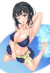 Rule 34 | 1girl, arm behind back, armpits, barefoot, bikini, bikini skirt, black hair, blue bikini, blush, breasts, cleavage, collarbone, from above, front-tie bikini top, front-tie top, halterneck, hiballista, highres, kantai collection, kneeling, large breasts, looking at viewer, looking up, navel, one eye closed, open mouth, red eyes, short hair, skindentation, soles, solo, swimsuit, takao (kancolle)