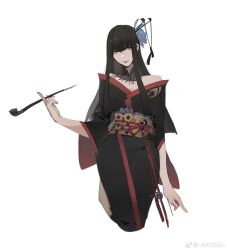 Rule 34 | 1girl, arm at side, bare shoulders, between fingers, black collar, black hair, black kimono, blunt bangs, blunt ends, chinese commentary, code009, collar, commentary request, cowboy shot, cropped legs, final fantasy, final fantasy xiv, flower, grey eyes, hair flower, hair ornament, hair stick, highres, holding, holding smoking pipe, hyur, japanese clothes, kimono, kiseru, lace collar, long hair, looking to the side, mole, mole under mouth, obi, obiage, obijime, off shoulder, red trim, sash, simple background, smoking pipe, solo, standing, straight hair, weibo logo, weibo watermark, white background, yotsuyu goe brutus