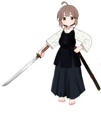 Rule 34 | 1girl, absurdres, ahoge, barefoot, brown hair, chinese commentary, closed mouth, commentary request, full body, hakama, highres, holding, holding sword, holding weapon, japanese clothes, kuma-bound, medium hair, original, sheath, simple background, solo, standing, sword, toes, weapon, white background, yellow eyes