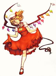 Rule 34 | 1girl, blonde hair, buttons, dress, flandre scarlet, full body, hat, hat ribbon, highres, laevatein (tail), looking at viewer, mary janes, moonywitcher, red dress, red eyes, red ribbon, ribbon, shoes, short hair, simple background, smile, socks, solo, tail, teeth, touhou, wings