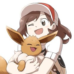 Rule 34 | 1girl, ;d, backpack, bag, baseball cap, blush, brown hair, commentary, creatures (company), eevee, elaine (pokemon), eyelashes, from below, game freak, gen 1 pokemon, hat, highres, holding, holding pokemon, nintendo, nutkingcall, one eye closed, open mouth, pokemon, pokemon (creature), pokemon lgpe, shirt, short sleeves, simple background, smile, tongue, upper body, white background, white shirt