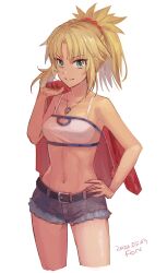 Rule 34 | 1girl, belt, black belt, blonde hair, collarbone, cropped legs, dated, denim, denim shorts, fate/apocrypha, fate (series), fon-due (fonfon), green eyes, highres, holding, holding clothes, holding jacket, jacket, jewelry, looking at viewer, mordred (fate), mordred (fate/apocrypha), navel, necklace, parted lips, ponytail, shirt, shorts, signature, simple background, solo, white background, white shirt
