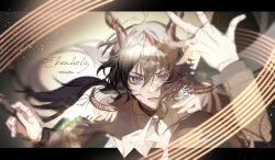 Rule 34 | 1boy, animal ears, arknights, ascot, conductor baton, black hair, blurry, character name, conductor, copyright name, depth of field, ebenholz (arknights), epaulettes, formal, goat boy, goat ears, goat horns, hair between eyes, hand up, highres, horns, letterboxed, long hair, looking at viewer, male focus, parted lips, ponytail, purple eyes, signature, solo, suit, upper body, wago, white ascot