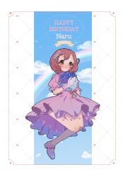 Rule 34 | 1girl, absurdres, ayase naru, blue flower, blue sky, bouquet, brown eyes, character name, closed mouth, cloud, dress, flower, foot up, full body, gloves, hair flower, hair ornament, happy birthday, high heels, highres, holding, holding bouquet, looking at viewer, mea (meari mr), pink dress, pink footwear, pink gloves, pink hair, pretty rhythm, pretty rhythm rainbow live, pretty series, puffy short sleeves, puffy sleeves, rainbow, red ribbon, ribbon, shoes, short hair, short sleeves, sky, smile, solo, twitter username