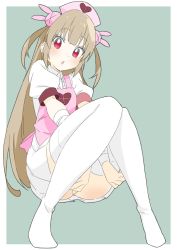 Rule 34 | 1girl, absurdres, bad id, bad twitter id, blunt bangs, blush, donguri suzume, dot nose, dress, green background, hair ornament, hat, heart, highres, knees together feet apart, light brown hair, long hair, looking at viewer, natori sana, nurse cap, parted lips, pink hat, puffy short sleeves, puffy sleeves, rabbit hair ornament, red eyes, sana channel, short dress, short sleeves, simple background, sitting, solo, thighhighs, two side up, virtual youtuber, white dress, white thighhighs