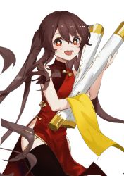 Rule 34 | 1girl, absurdres, blush, brown hair, carrying, chinese clothes, flat chest, genshin impact, hair between eyes, highres, hu tao (genshin impact), long hair, looking at viewer, open mouth, petals, red eyes, teeth, white background, ya danhuang