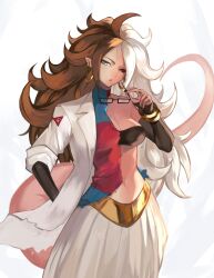 Rule 34 | 1girl, android 21, arabian clothes, black sclera, breasts, brown hair, colored sclera, colored skin, demon tail, dragon ball, dragon ball fighterz, earrings, glasses, harem pants, highres, jacket, jewelry, lab coat, long hair, looking to the side, majin android 21, monster girl, pants, pink skin, pointy ears, qmerlem, red eyes, revealing clothes, tail, transformation, white hair, white jacket