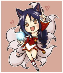 Rule 34 | 1girl, aa2233a, ahri (league of legends), animal ears, blue hair, blush, braid, breasts, chibi, cleavage, detached sleeves, fang, fox ears, fox tail, heart, league of legends, long hair, multiple tails, open mouth, orb, signature, solo, tail, yellow eyes