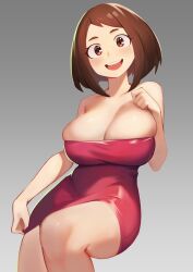Rule 34 | 1girl, :d, absurdres, bare shoulders, boku no hero academia, breasts, brown eyes, brown hair, cleavage, dress, grey background, highres, kahnapuf, large breasts, looking at viewer, naked towel, open mouth, pink dress, short hair, smile, solo, strapless, strapless dress, towel, uraraka ochako