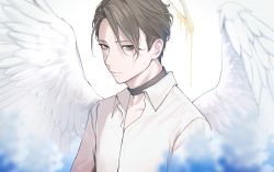 Rule 34 | 1boy, angel wings, bags under eyes, black choker, blurry, blurry foreground, brown hair, carrot (robosquat), character request, choker, copyright request, feathered wings, green eyes, halo, highres, male focus, melting, shirt, short hair, simple background, solo, upper body, white background, white shirt, white wings, wings