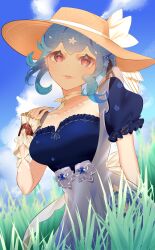 Rule 34 | absurdres, bao (vtuber), blue dress, blue hair, closed mouth, dffy411, dress, flower, hair ornament, hat, hat ribbon, highres, indie virtual youtuber, looking at viewer, neckerchief, red eyes, ribbon, sun hat, sundress, virtual youtuber