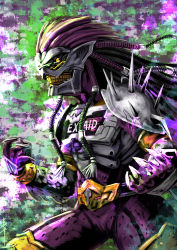Rule 34 | 1boy, another ex-aid, another rider (zi-o), armor, claws, clenched teeth, colored skin, creature, driver (kamen rider), evil grin, evil smile, fingernails, grin, hair intakes, kamen rider, kamen rider zi-o (series), long hair, monster, open hands, pink hair, pink skin, sharp fingernails, shinpei (shimpay), shoulder spikes, smile, spikes, sunken eyes, teeth, yellow eyes, yellow teeth