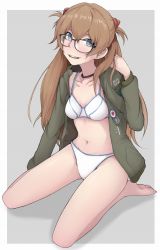 1girl alternate_costume barefoot bespectacled black-framed_eyewear blue_eyes bra breasts choker collarbone full_body glasses green_jacket highres ina_(gokihoihoi) jacket long_sleeves looking_at_viewer medium_breasts navel neon_genesis_evangelion panties red_hair seiza sitting solo souryuu_asuka_langley underwear white_bra white_panties