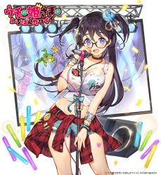 Rule 34 | 1girl, :d, badge, beads, black-framed eyewear, black choker, black hair, blue eyes, blush, bracelet, breasts, button badge, choker, cleavage, copyright name, crown, denim, flower, frog, glowstick, hair beads, hair flower, hair ornament, holding, holding microphone, idol, jewelry, large breasts, lips, long hair, looking at viewer, microphone, microphone stand, official art, open mouth, plaid, short shorts, short twintails, shorts, smile, solo, speaker, stage lights, standing, television, twintails, two side up, uchi no hime-sama ga ichiban kawaii, watermark, whoisshe, wristband, zipper, zoom layer