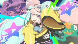 Rule 34 | 1girl, :d, absurdres, bellibolt, breasts, character hair ornament, commentary request, creatures (company), game freak, gen 4 pokemon, green hair, hair ornament, highres, iono (pokemon), jacket, long hair, looking at viewer, medium breasts, mismagius, nintendo, open mouth, pink hair, pokemon, pokemon (creature), pokemon sv, punco (kdfg2577), sharp teeth, smile, star (symbol), star print, teeth, thigh strap, tongue, twintails, upper teeth only, vest, yellow jacket