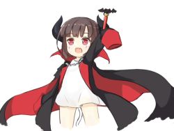 Rule 34 | 1girl, :d, arm up, baigao, brown hair, cape, chain, child, fang, high collar, horns, open mouth, red eyes, short hair, simple background, sleeves past wrists, smile, solo, sukhbaatar (warship girls r), tail, wand, warship girls r, white background