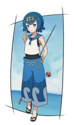 Rule 34 | 1girl, blue eyes, blue hair, blue pants, blue sailor collar, blush, bright pupils, closed mouth, creatures (company), flip-flops, full body, game freak, hairband, hand up, highres, lana (pokemon), mrwww, nintendo, one-piece swimsuit, pants, pokemon, pokemon sm, sailor collar, sandals, shirt, short hair, sleeveless, sleeveless shirt, smile, solo, split mouth, swimsuit, swimsuit under clothes, toes, wave print, white pupils, white shirt, yellow hairband