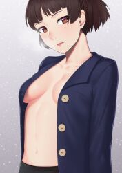 Rule 34 | 1girl, arms at sides, blue jacket, breasts, breath, brown hair, brown sweater, buttons, casual, closed mouth, grey background, highres, jacket, long sleeves, medium breasts, niijima makoto, open clothes, open jacket, persona, persona 5, persona 5 the royal, putcher, red lips, short hair, smile, solo, sweater, tagme, unbuttoned, upper body