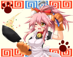 Rule 34 | 1girl, alternate costume, animal ears, animal hands, apron, bad id, bad pixiv id, bell, blush, breasts, cat hair ornament, cat paws, collar, commentary request, cooking, enmaided, fang, fangs, fate/grand order, fate (series), food, fox ears, gloves, graphite (medium), hair ornament, hair ribbon, jingle bell, large breasts, long hair, maid, maid apron, maid headdress, mechanical pencil, neck bell, one eye closed, open mouth, paw gloves, pencil, pink hair, ponytail, red ribbon, ribbon, solo, tamamo (fate), tamamo cat (fate), tamamo cat (second ascension) (fate), traditional media, wok