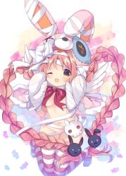Rule 34 | 1girl, animal hat, bandaged hand, bandages, braid, breasts, commentary, hat, highres, jumping, long braid, long hair, mimi (halloween) (princess connect!), mimi (princess connect!), natsuki yuu (amemizu), navel, one eye closed, open mouth, princess connect!, rabbit hat, skull, small breasts, solo, striped clothes, striped thighhighs, thighhighs, twin braids, wings, yellow eyes