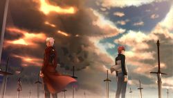 Rule 34 | 2boys, absurdres, archer (fate), back-to-back, cloud, cloudy sky, emiya shirou, fate/stay night, fate (series), gears, highres, kotera ryou, long sleeves, multiple boys, planted sword, planted, raglan sleeves, red hair, sky, sword, unlimited blade works (fate), weapon, white hair