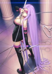 Rule 34 | 1girl, absurdly long hair, bad id, bad pixiv id, bare shoulders, blindfold, boots, breasts, buckle, chain, cleavage, collar, column, dagger, dress, elbow gloves, facial mark, fate/stay night, fate (series), female focus, forehead mark, full body, gloves, knife, large breasts, long hair, looking at viewer, medusa (fate), medusa (rider) (fate), nameless dagger (fate), one eye covered, open mouth, pillar, purple eyes, purple hair, solo, square pupils, strapless, strapless dress, thigh boots, thighhighs, tile floor, tiles, translucent hair, tsukikanade, very long hair, weapon